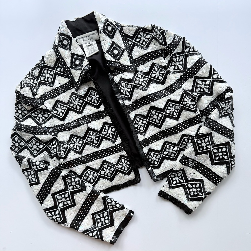 Vintage Adrianna Papell Beaded & Sequin Silk Bolero Jacket S Black & White